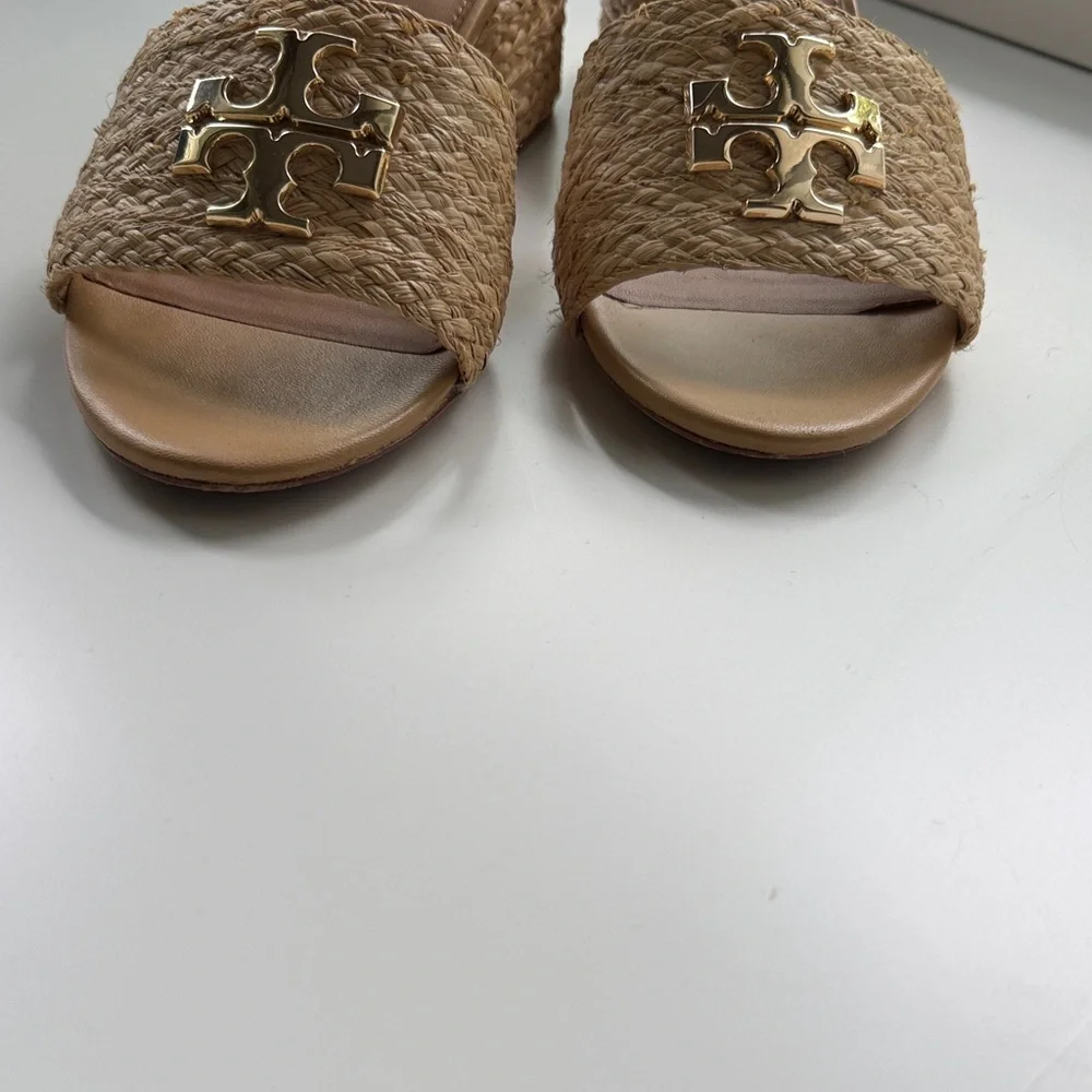 Tory Burch Everly Natural Raffia Slide Mules with Gold Logo